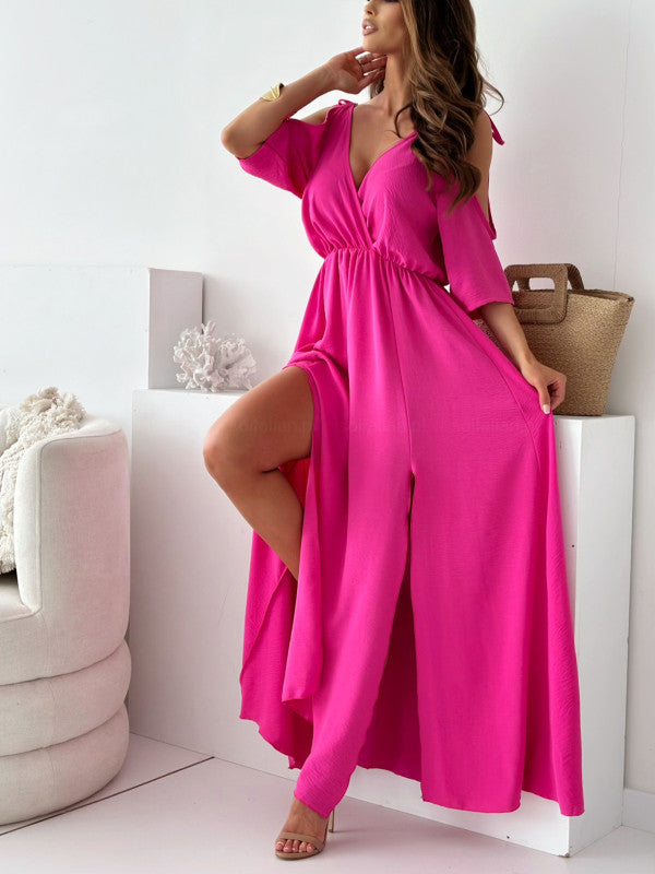 Valenzora | Satin Strappy Lace V-Neck Long Dress