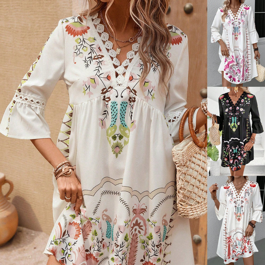 Damen Boho-inspiriertes Kleid mit verspielten Stickdetails und weich fließendem Schnitt Drune