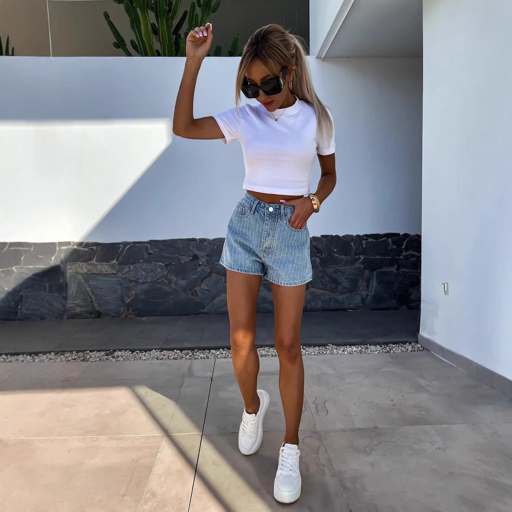 StreifenSpirit™ Damen-Denim-Shorts – Sommerliche High-Waist-Denim-Shorts mit feinem Streifenmuster, lässig & bequem
