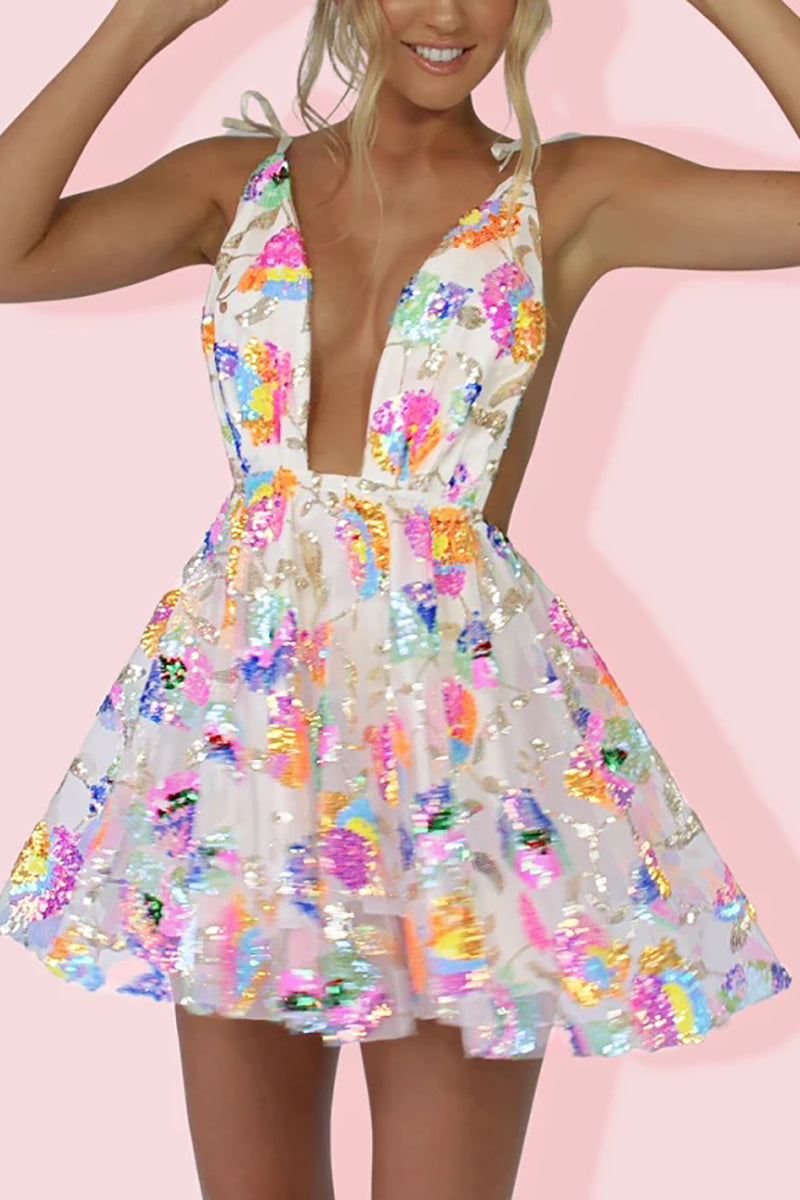 Valenzora | Regenbogen Pailletten Neckholder Minikleid mit offener Rückenpartie