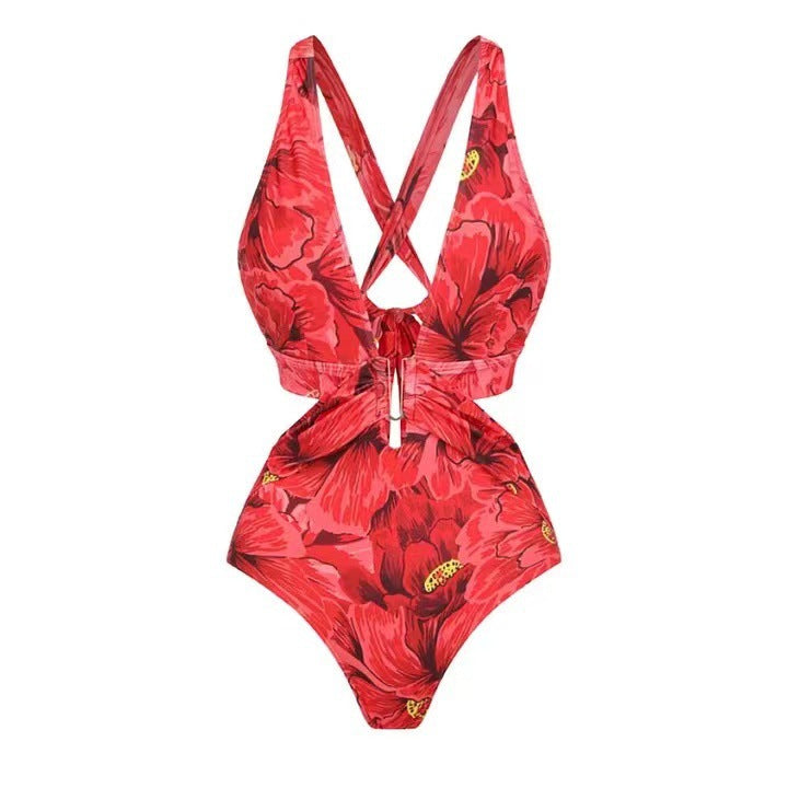 Damen-Badeanzug- und Maxirock-Set mit Blumenmuster und eleganten Rüschendetails, Größe [size]