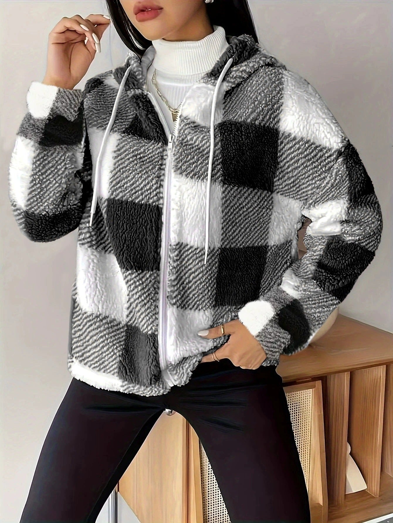 Valenzora | Checkered Teddy Hoodie Jacket | Warm and comfortable for winter