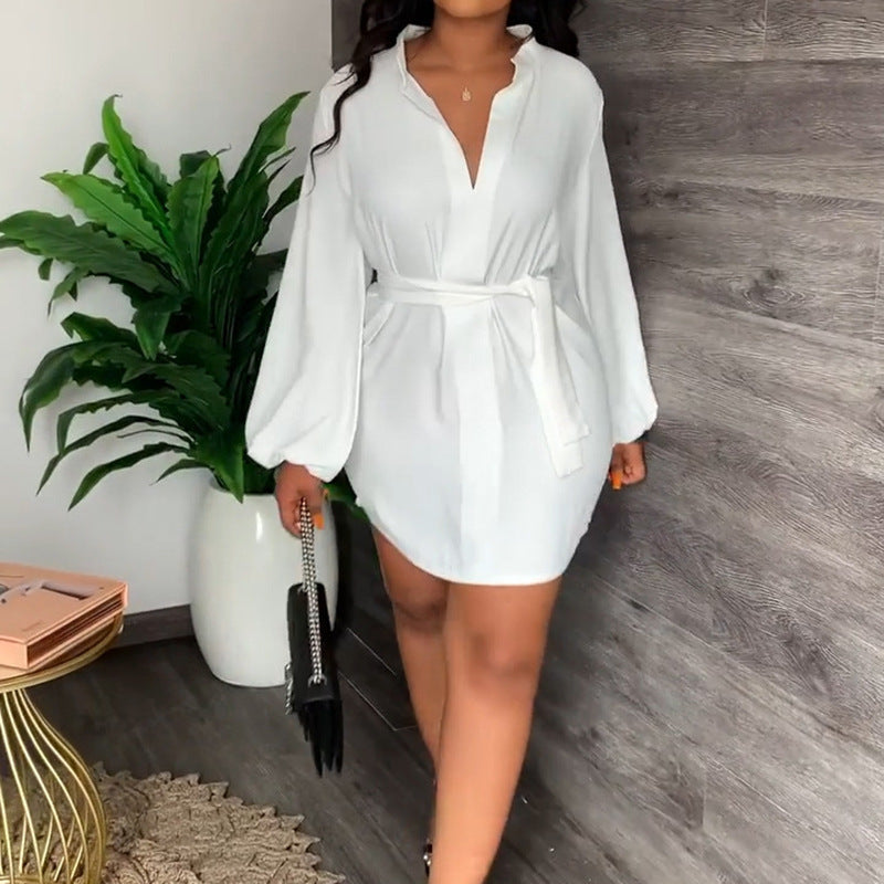 Ladies' shirt dress with elegant waist belt and balloon sleeves Drune