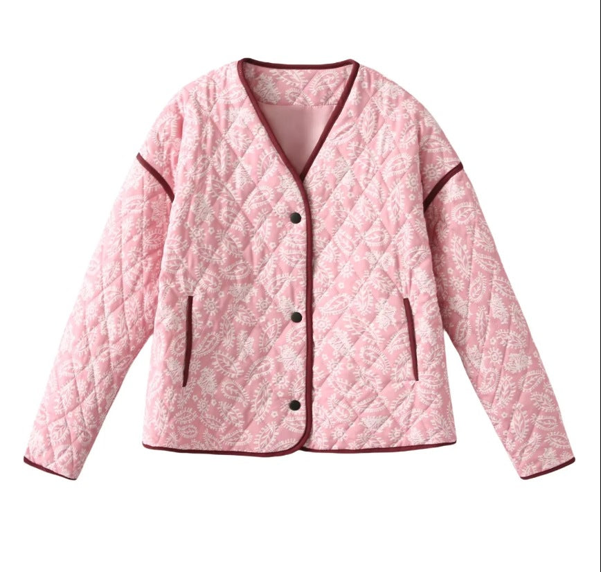 Women's quilted jacket with floral design and practical pockets, size S