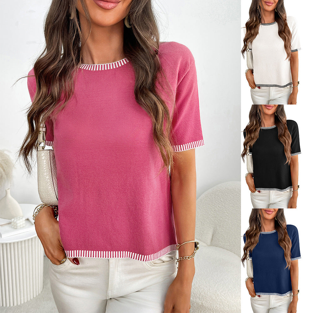 Women's simple short-sleeved shirt with fine contrast stripes, size