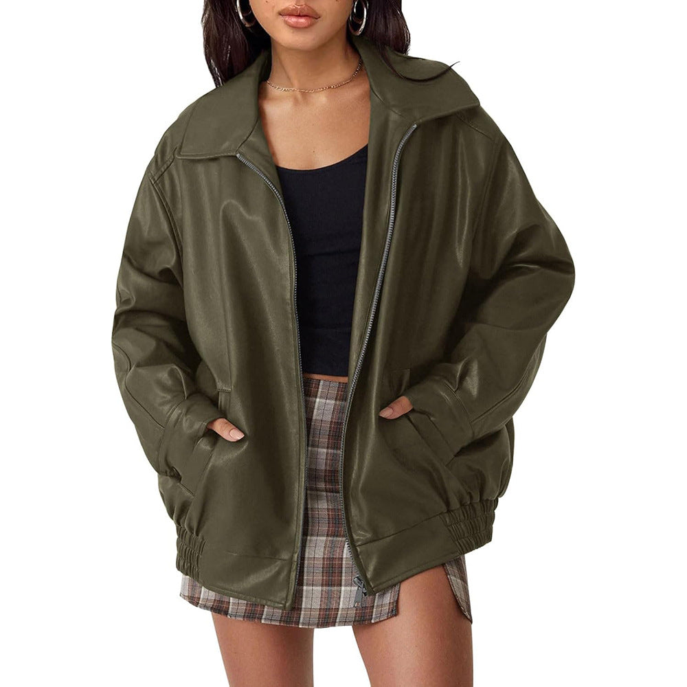 Women's casual faux leather jacket with a wide cut and practical pockets, size S