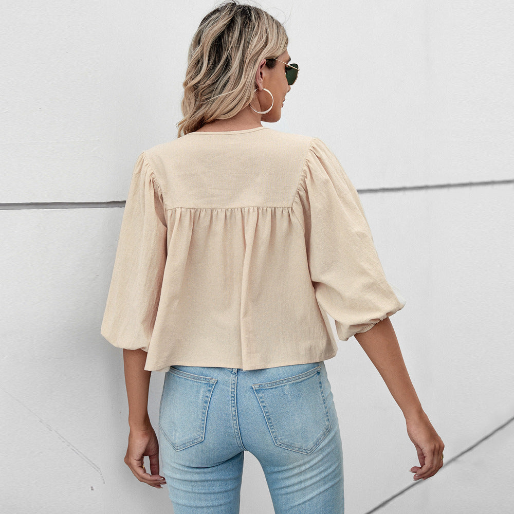 Women's blouse shirt with elegant puff sleeves and chic drawstring, size