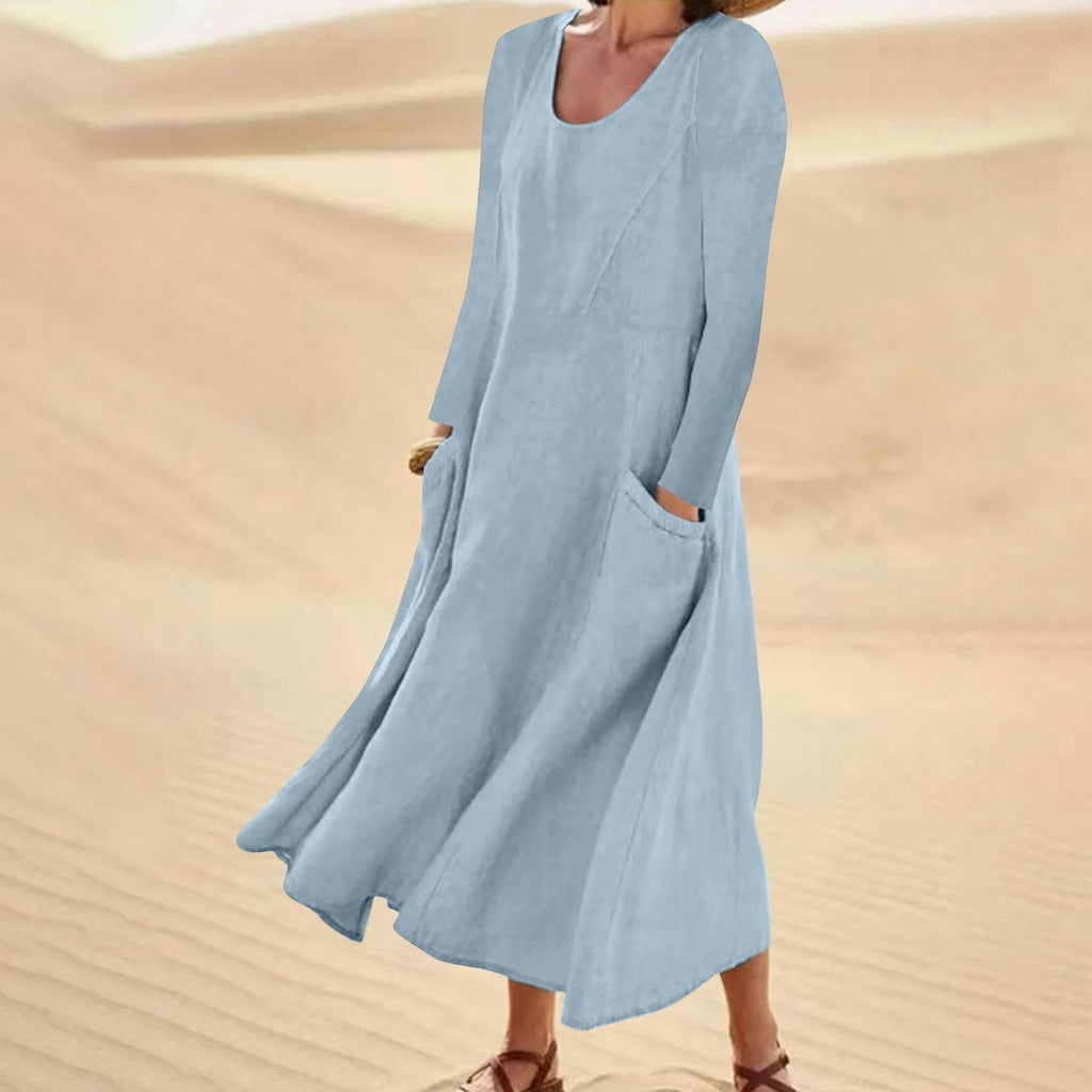 Valenzora | Einfarbiges Kleid mit langen Ärmeln und Rundhalsausschnitt