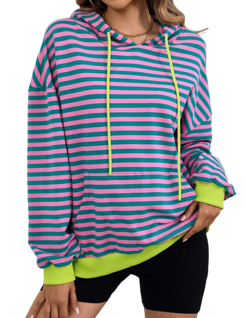 Gestreifter Kapuzenpullover für Damen mit stylischer Kängurutasche, Größe S