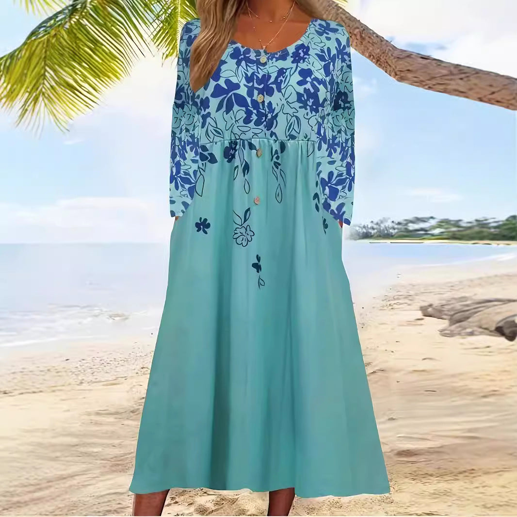 Damen fließendes Midikleid mit Blumenmuster und praktischen Taschen, Größe [size]
