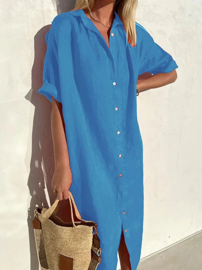 Valenzora | Button-up dress with wide neckline and narrow sleeves, elegant and relaxed, for women, cotton and linen dresses