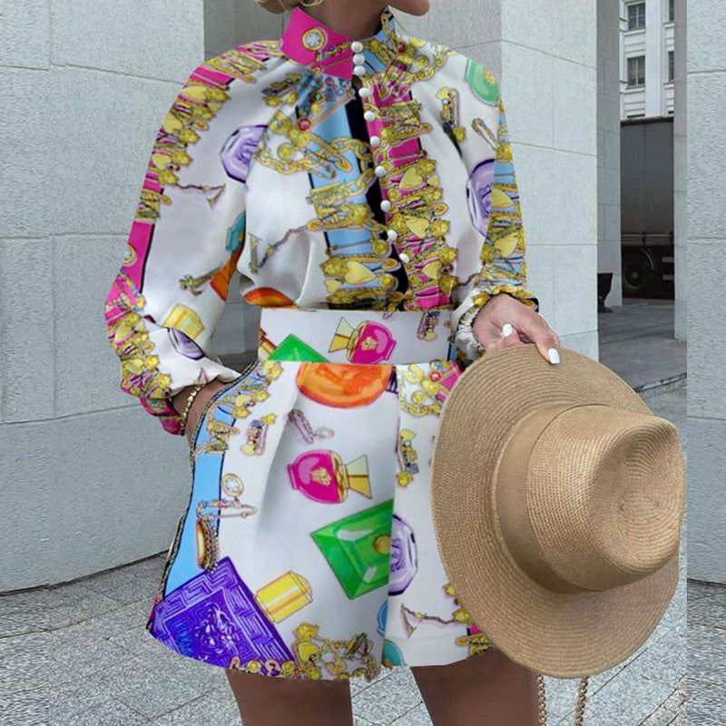 Women's jumpsuit with elegant stand-up collar and artistic print, size [size missing]