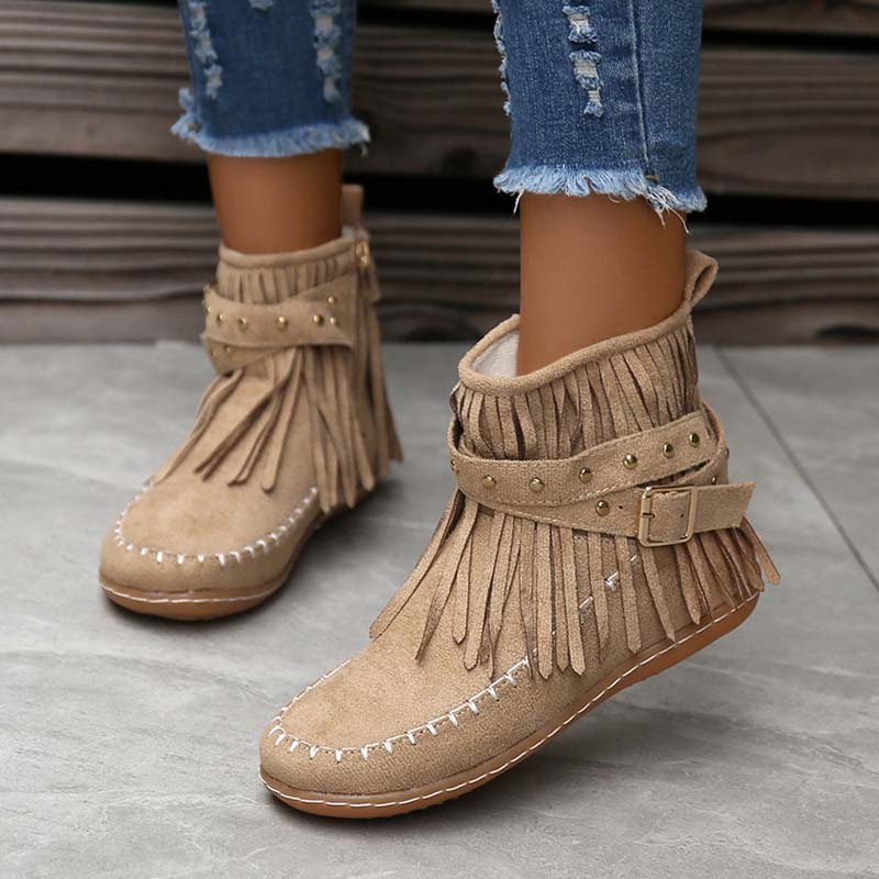 Valenzora | Boho ankle boots with fringes and buckles for women