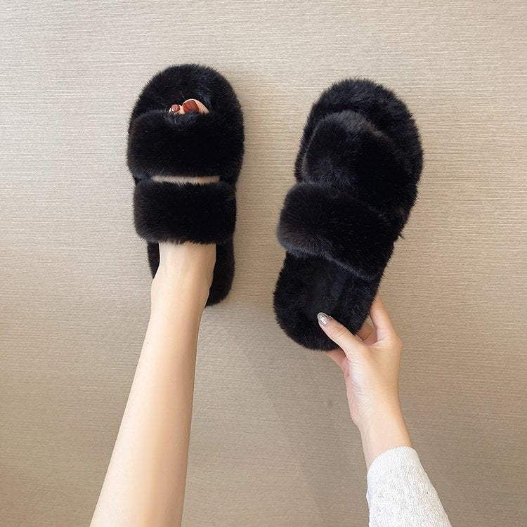 Women's Fluffy Slippers with Double Straps and Soft Lining, Size