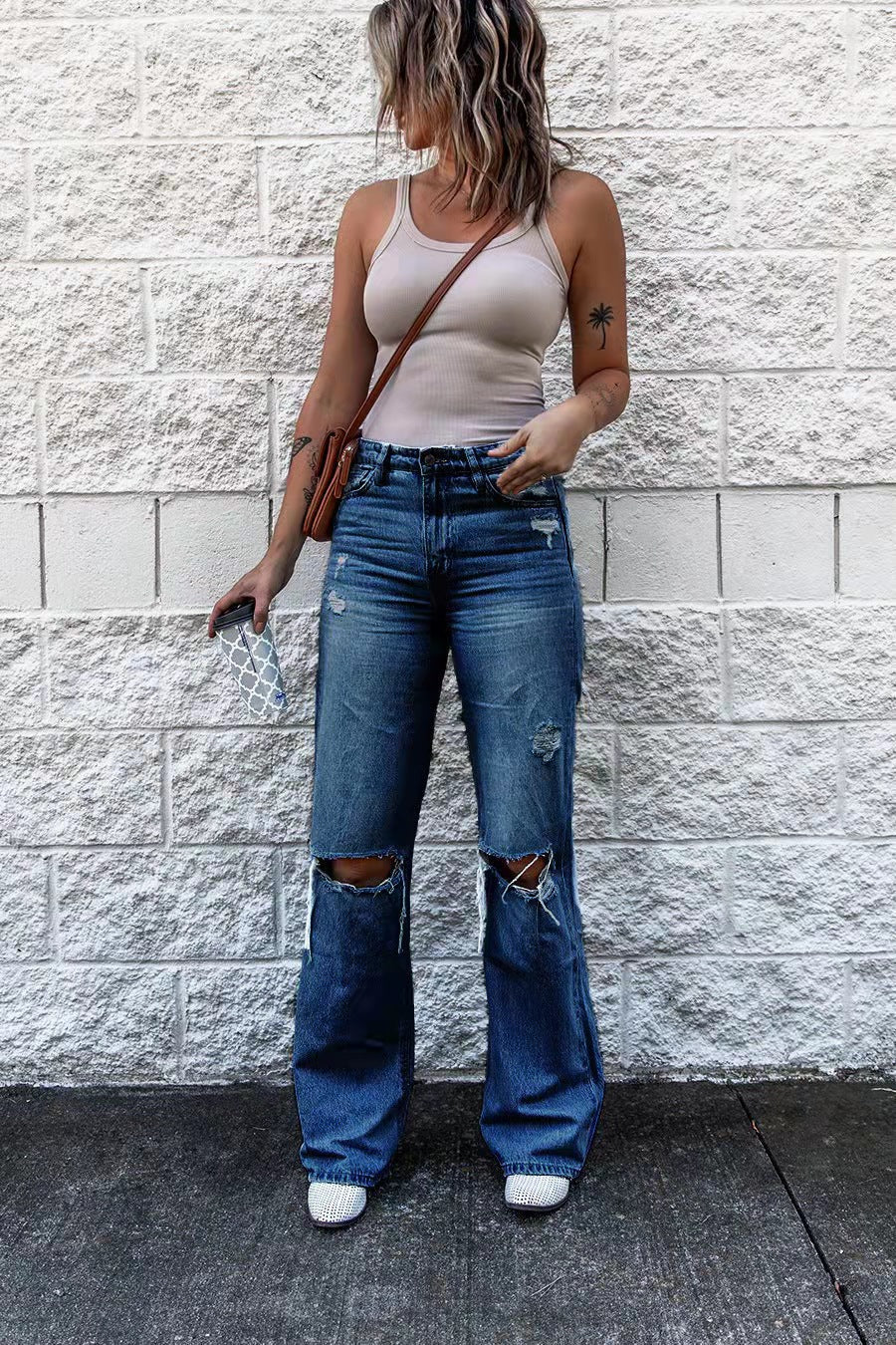 Valenzora | Damen High Waist Ripped Wide Leg Jeans