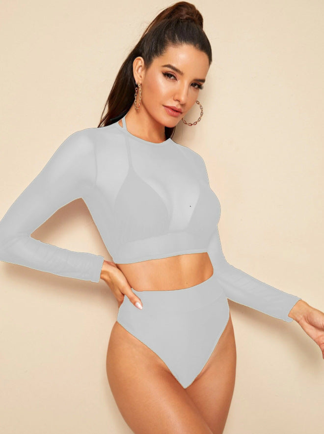 Damen Sport-Bikini-Set mit langärmligem Oberteil und hoher Taille, Größe