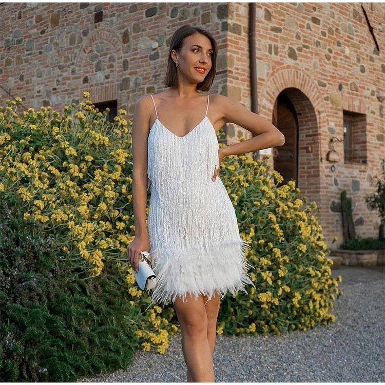Valenzora-neckline slip dress with feather embroidery