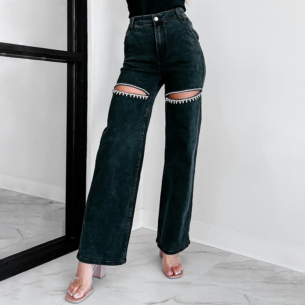 Valenzora | Casual studded ripped straight leg women's jeans