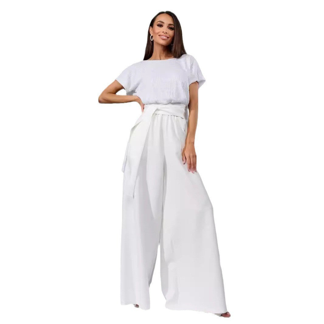 Damen-Glamour-Jumpsuit mit Glitzeroberteil und weit geschnittener Hose, Größe