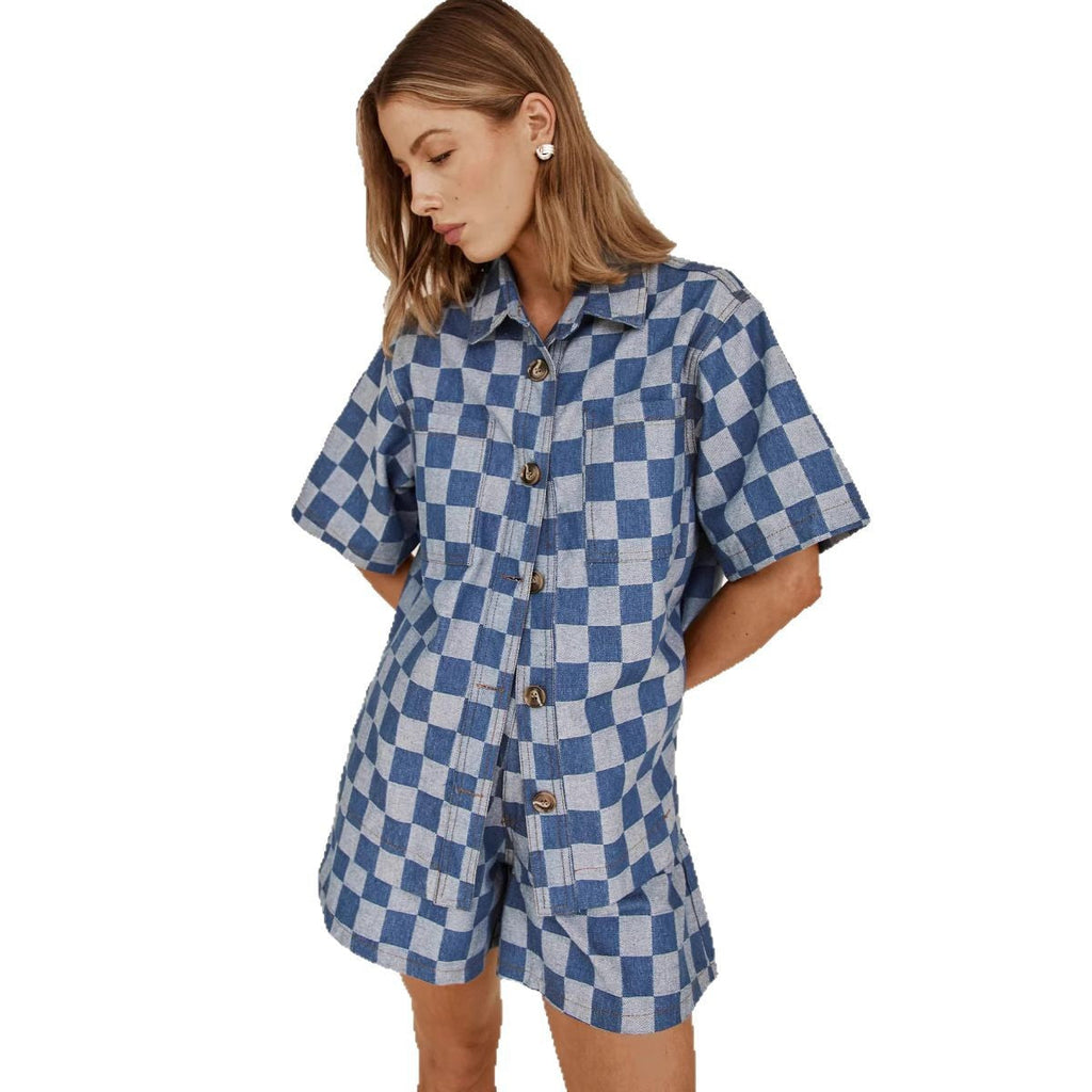 Women's Checkered Denim Shirt Set, Size