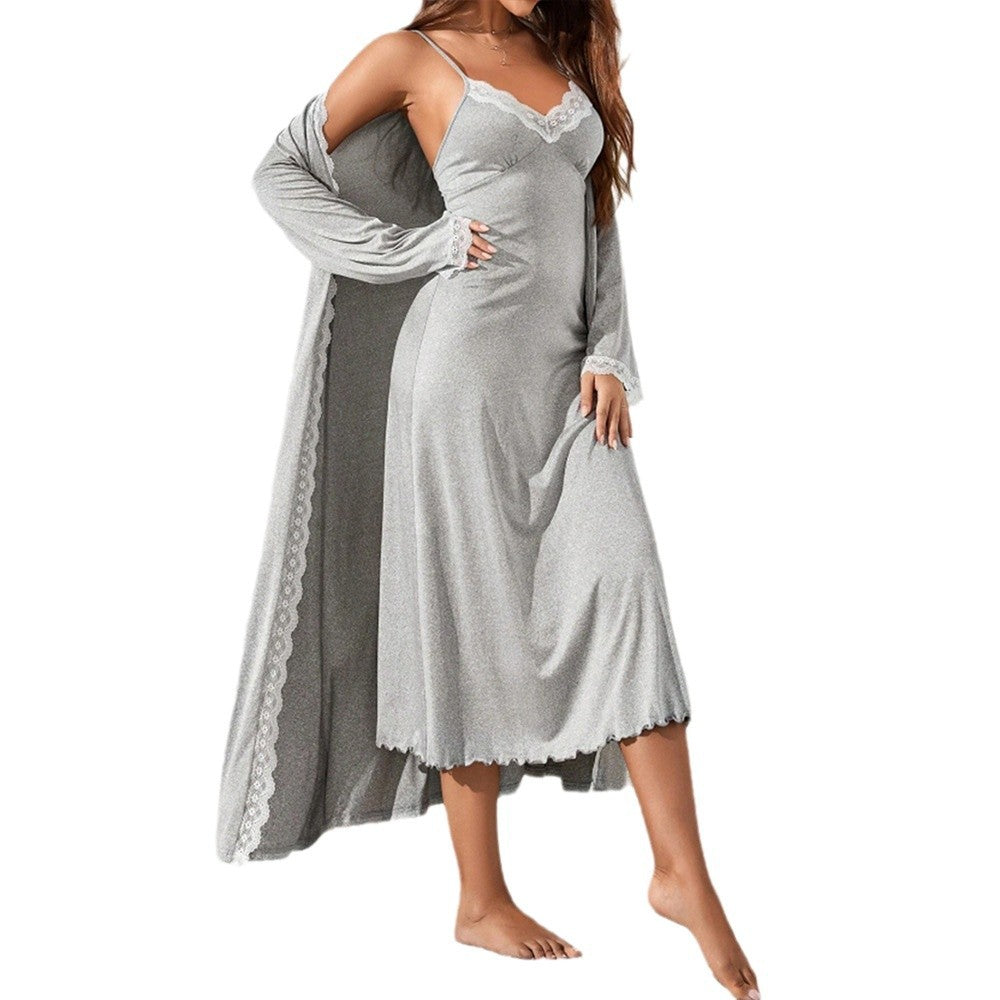 Women's luxurious nightgown with elegant lace trim and long cardigan, size S