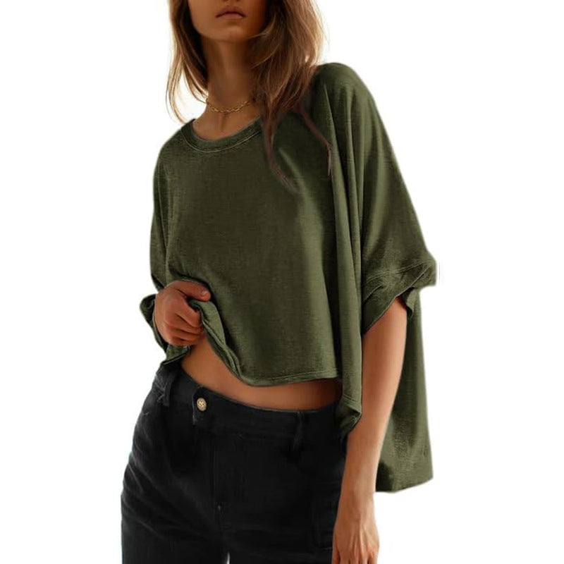 Women's casual cropped top with wide sleeves and round neckline, size