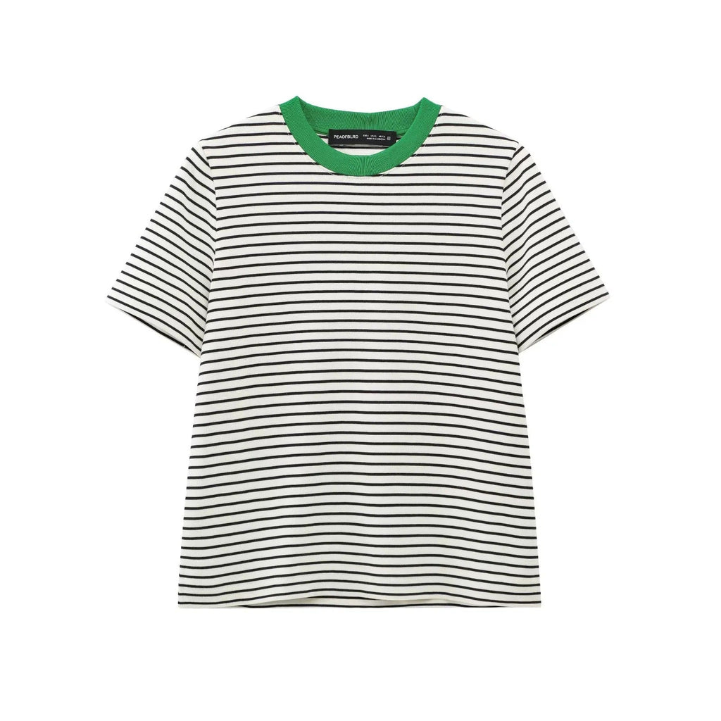 Women's casual T-shirt with contrasting collar and relaxed striped pattern, size