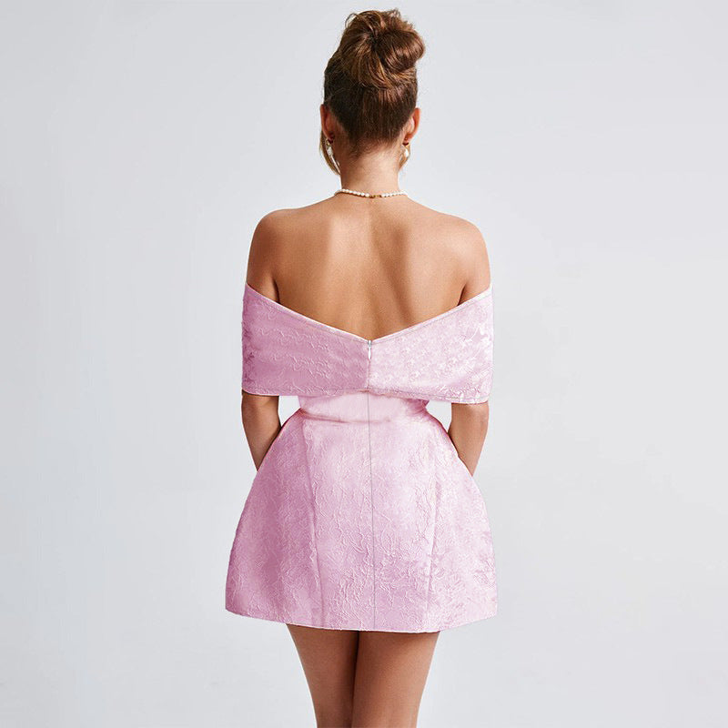 Damen-Cocktailkleid schulterfrei mit elegantem Blumenmuster und aufwendiger Rüschenverzierung, Größe S