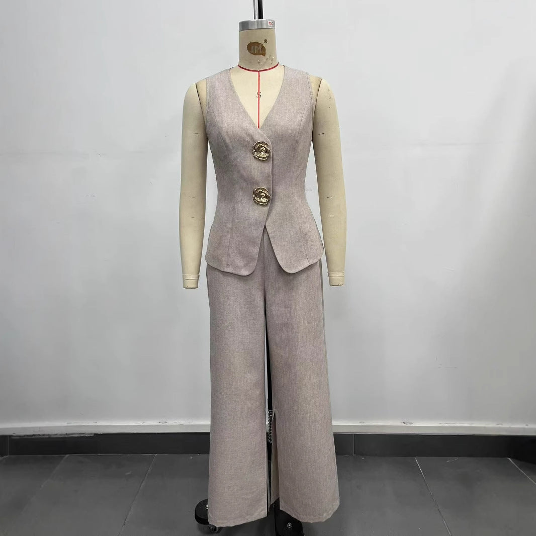 Elegantes Damen-Ensemble bestehend aus einem ärmellosen Blazer und einer weit geschnittenen Hose, Größe S