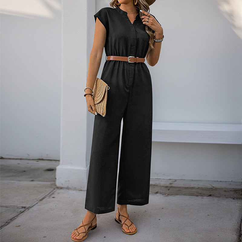 Women's jumpsuit with elegant waist belt and modern V-neck, size