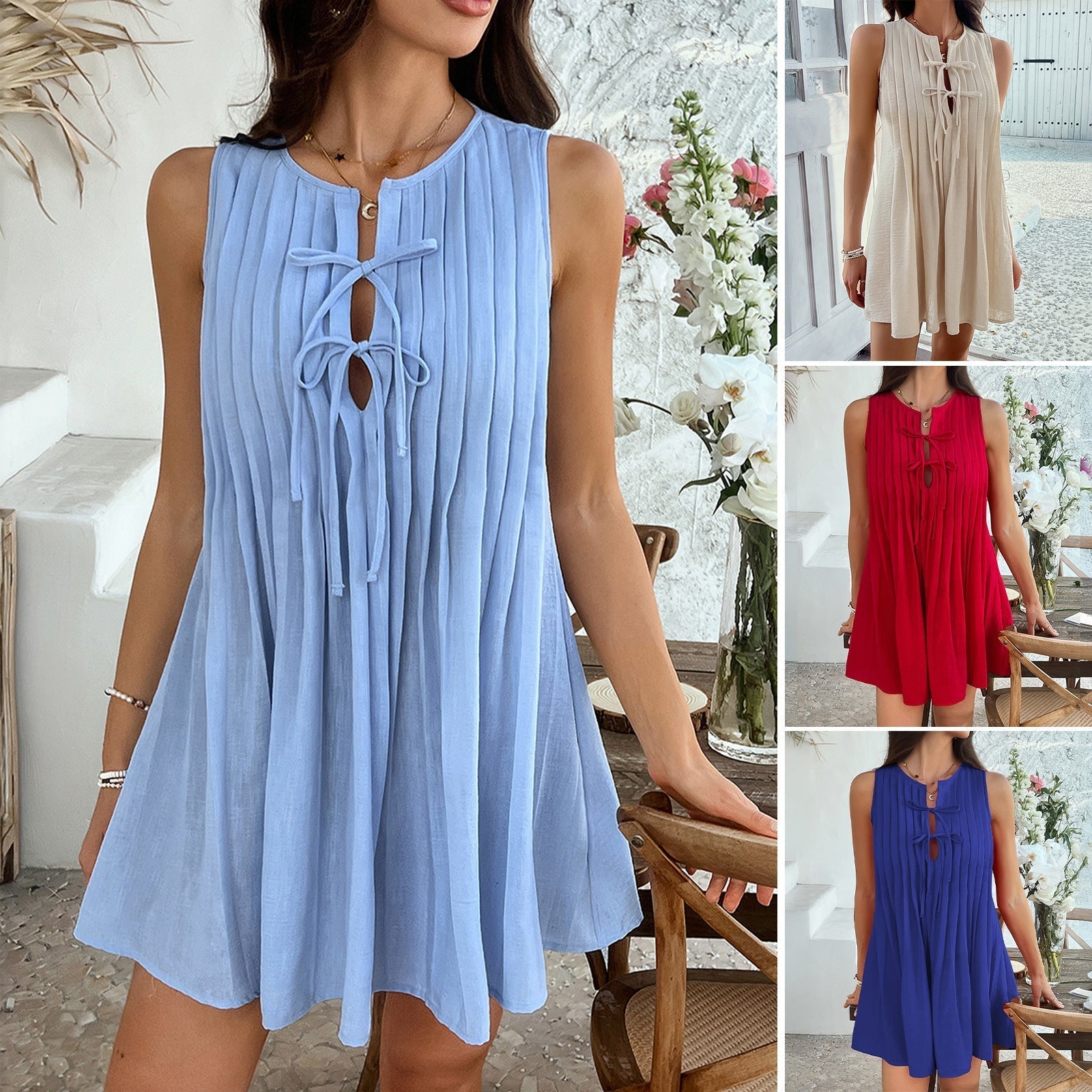 Women's short sleeveless dress with ruching and decorative keyhole neckline, size S