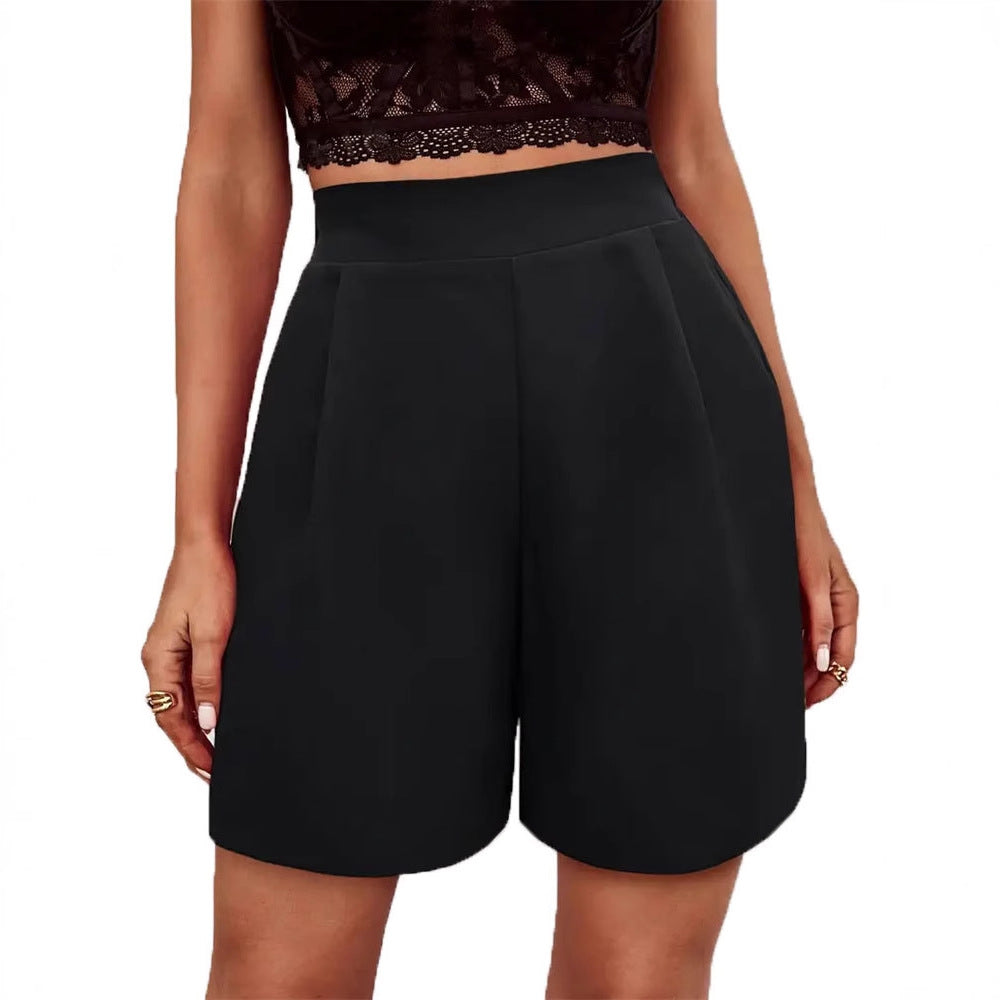 Women's Elegant High-Waisted Shorts with Decorative Pleats, Size