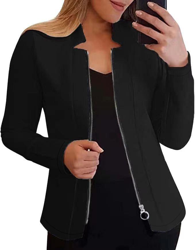 Women's modern blazer jacket with asymmetrical zipper and figure-hugging cut, size S
