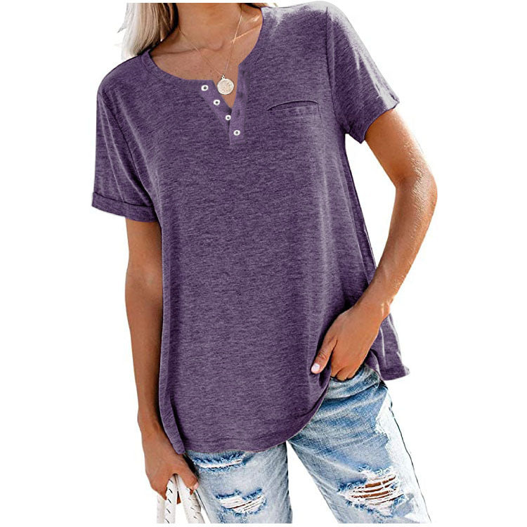 Women's casual T-shirt with button placket and chest pocket, size