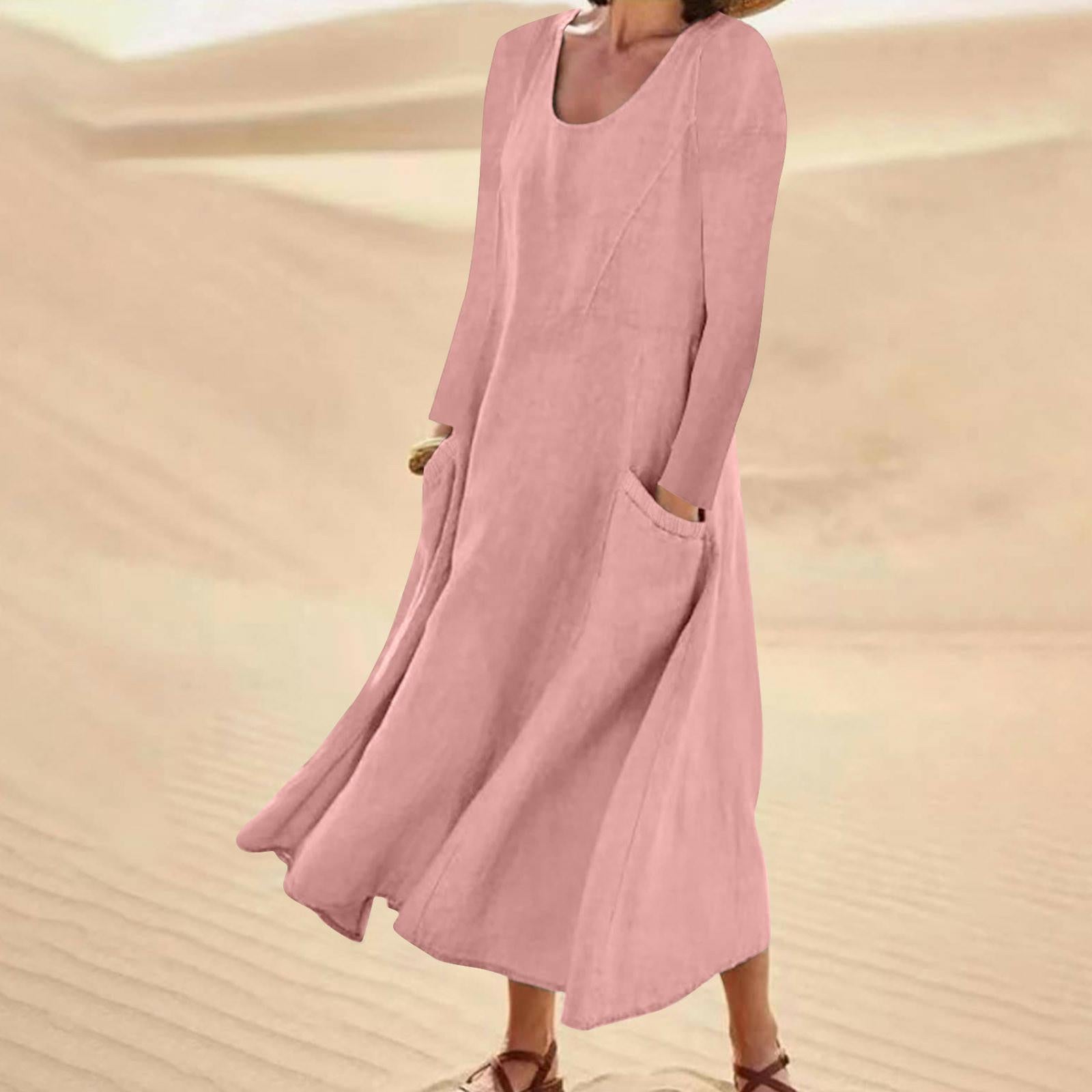 Valenzora | Einfarbiges Kleid mit langen Ärmeln und Rundhalsausschnitt