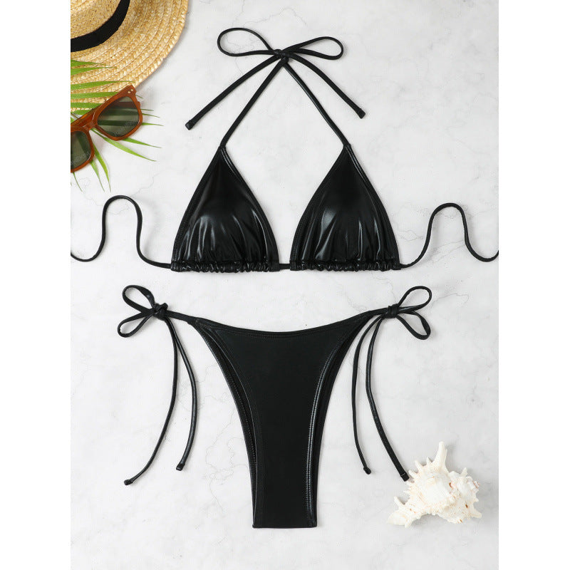 Damen-Triangel-Bikini mit glitzerndem Metallic-Finish und verstellbaren Trägern, Größe [size]
