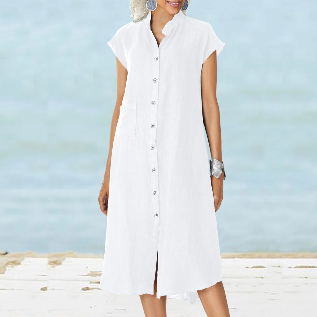 Women's midi dress with comfortable shirt collar and practical side pockets, size