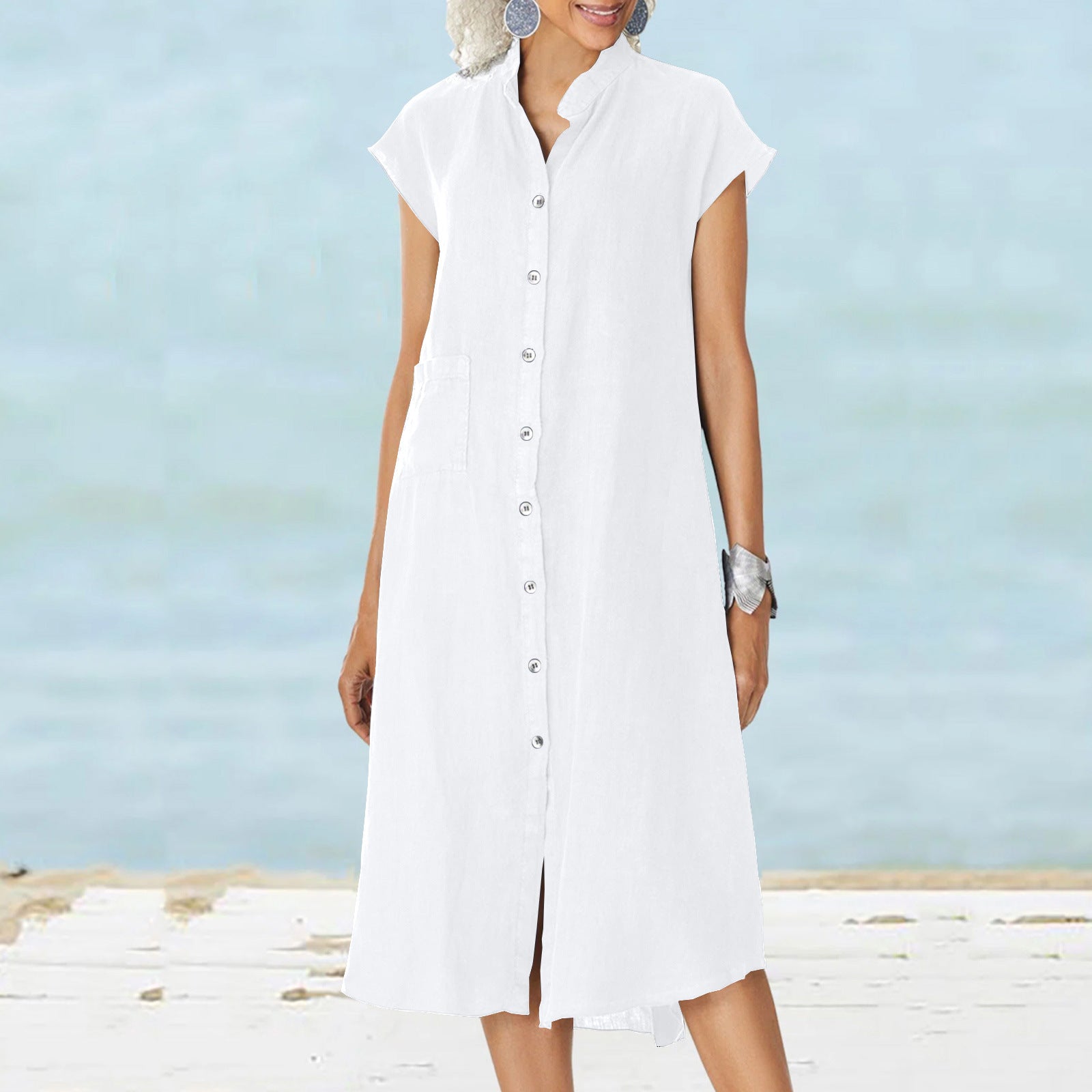 Women's midi dress with comfortable shirt collar and practical side pockets, size