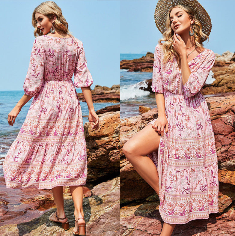 Valenzora | Damen-Midikleid mit V-Ausschnitt und Blumenmuster