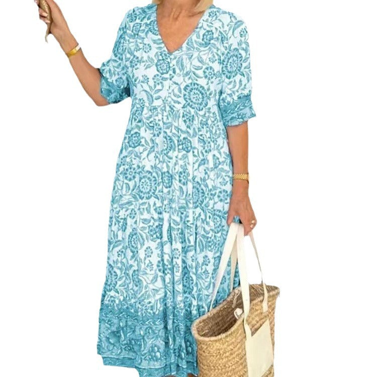 Valenzora | Langes floral bedrucktes Batik-Kleid mit Dreiviertelärmeln
