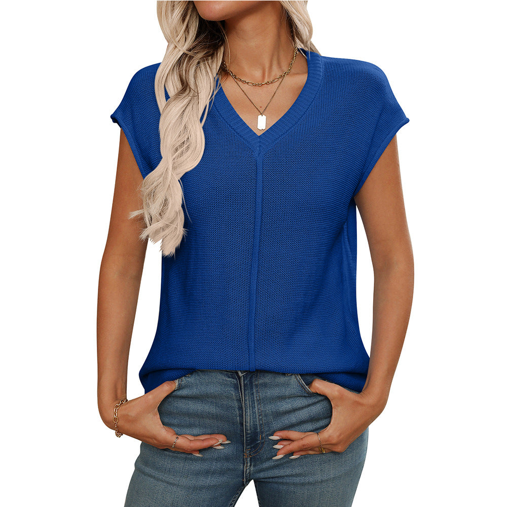 Women's modern V-neck knit top with airy texture, size S