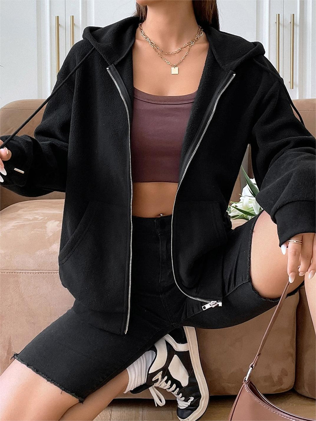 Damen-Fleecejacke mit Kapuze und Reißverschluss, Größe