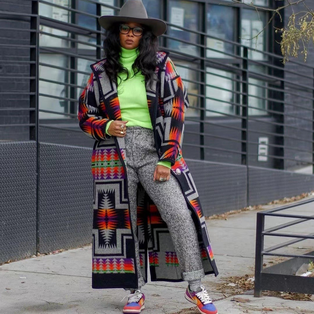 Women's long cardigan in a colorful ethnic design and modern cut, size