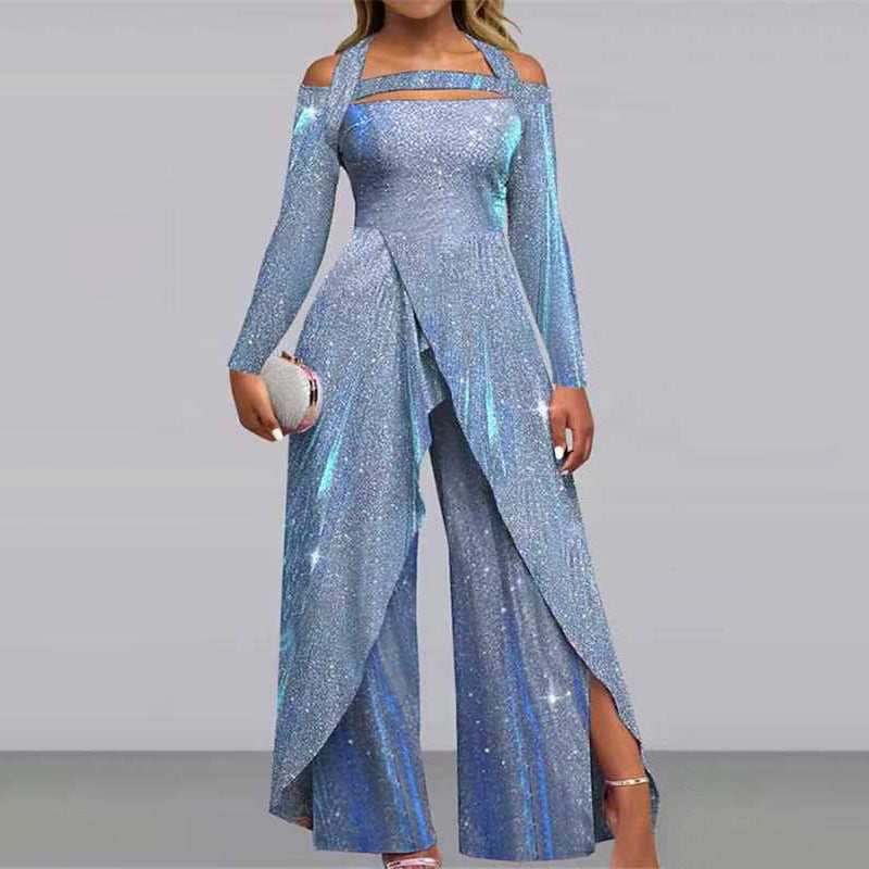 Women's glamorous jumpsuit with shimmering sequin trim and elegant cut-outs, size Valenzora