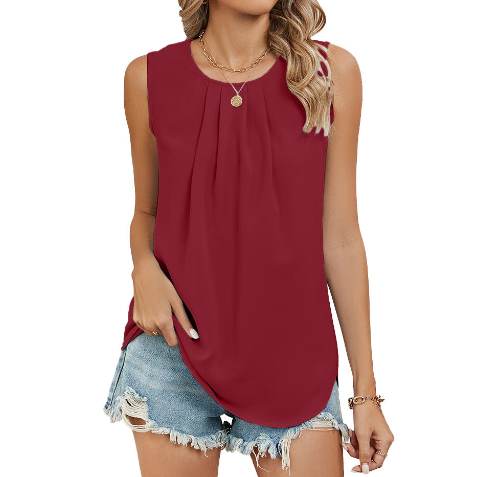 Women's sleeveless top with sophisticated pleats and elegant round neckline, size