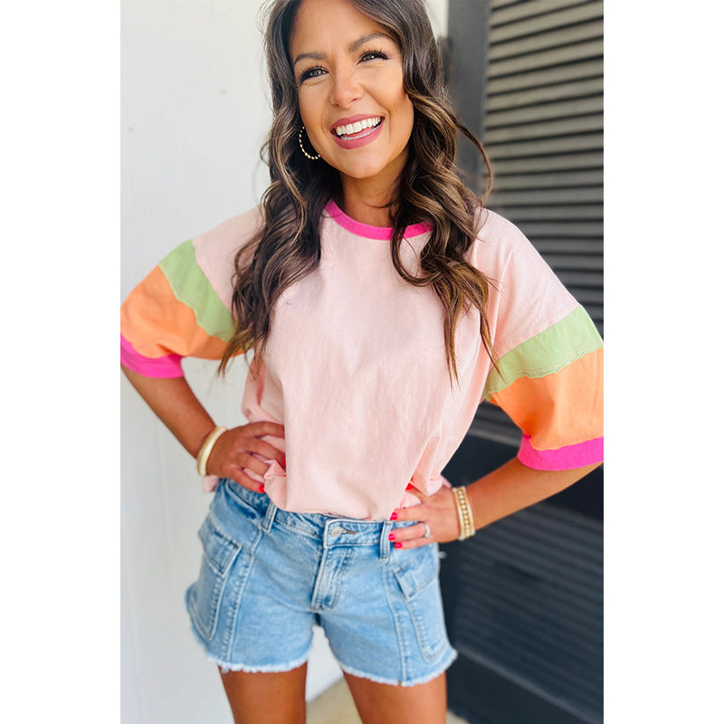 Women's casual T-shirt with colorful sleeves, size