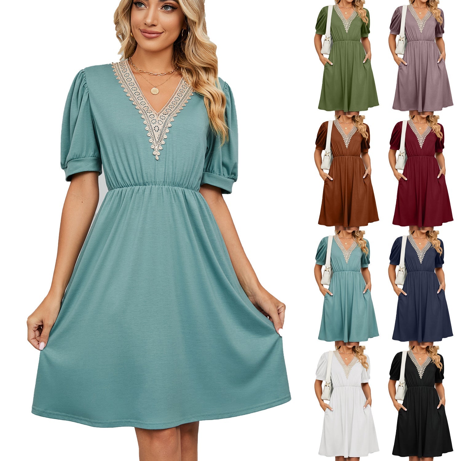 Damen-Midikleid mit elegantem V-Ausschnitt und Rüschendetails, Größe