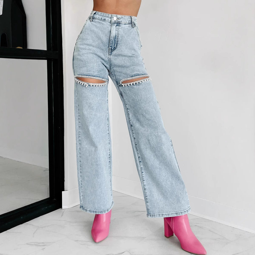 Women's wide-leg jeans with cut-out details and elegant fringe, size Valenzora