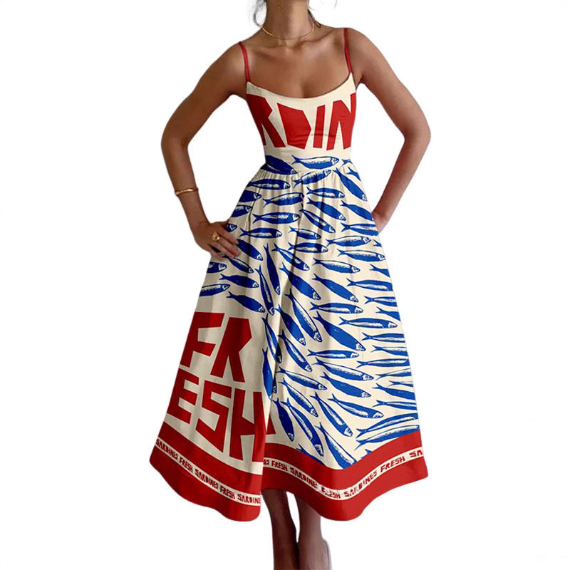 Women's midi dress with eye-catching graphic print and swing skirt, size S