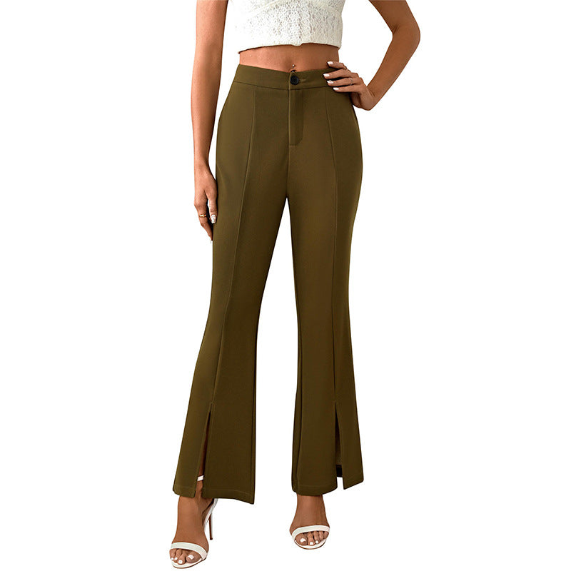 Women's elegant flared trousers with side slits and high waist, size